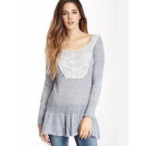 Free People Linen Knit Tunic Top S Blue‎ Fairy Sweater Long Sleeve Ruffle Hem